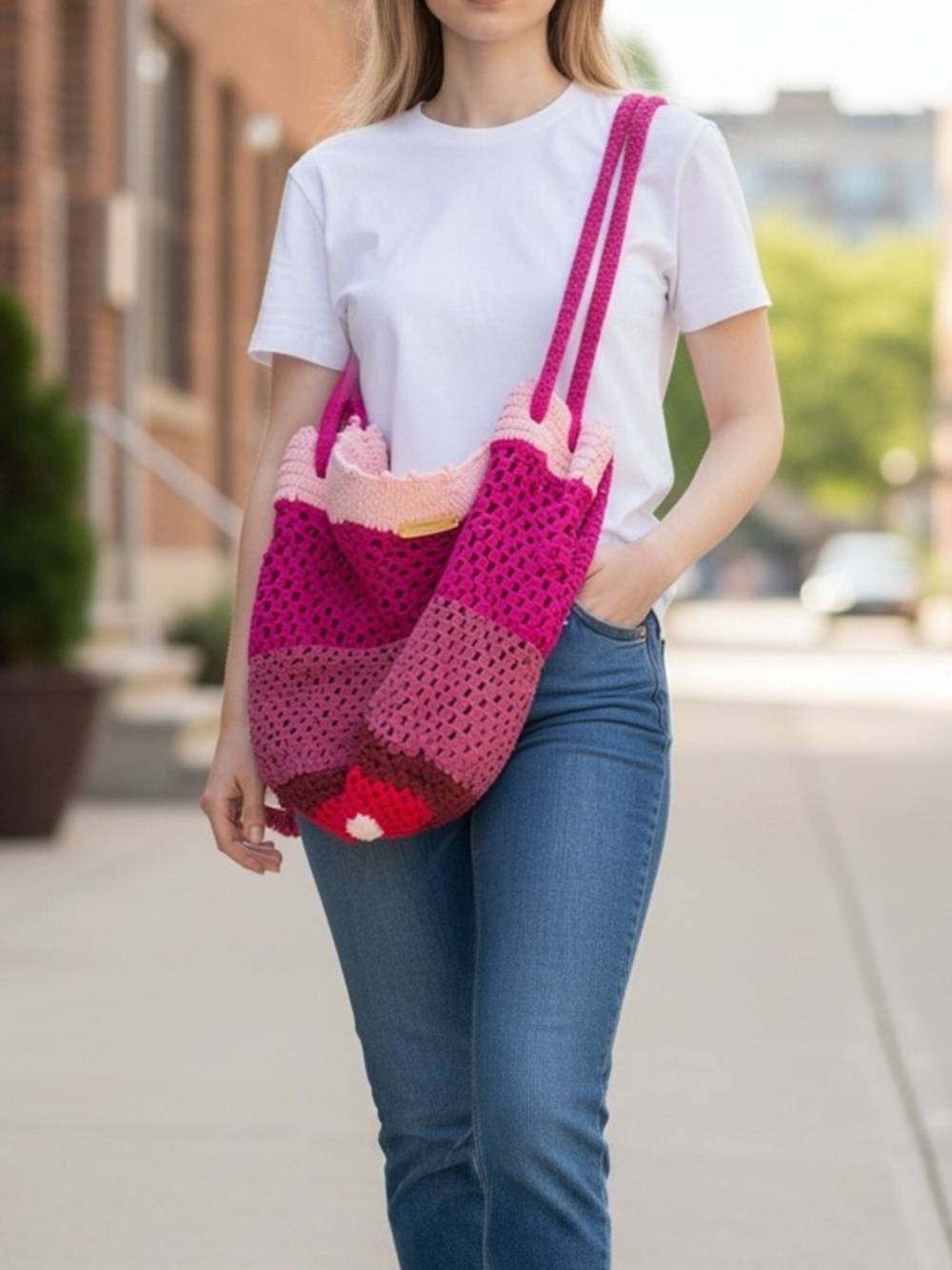 Handmade Pink Crochet Shoulder Bag - Casual Everyday Tote